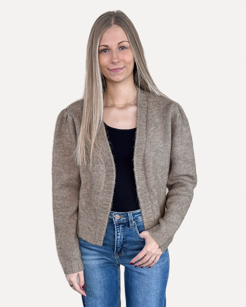 Puff Sleeve Knit Sweater Cardigan - Cafe Latte