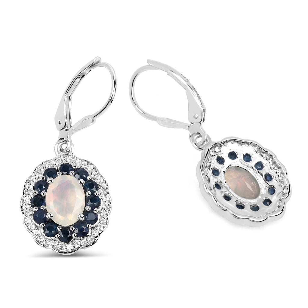 2.80 Carat Genuine Ethiopian Opal, Blue Sapphire and White Topaz .925 Sterling Silver Earrings