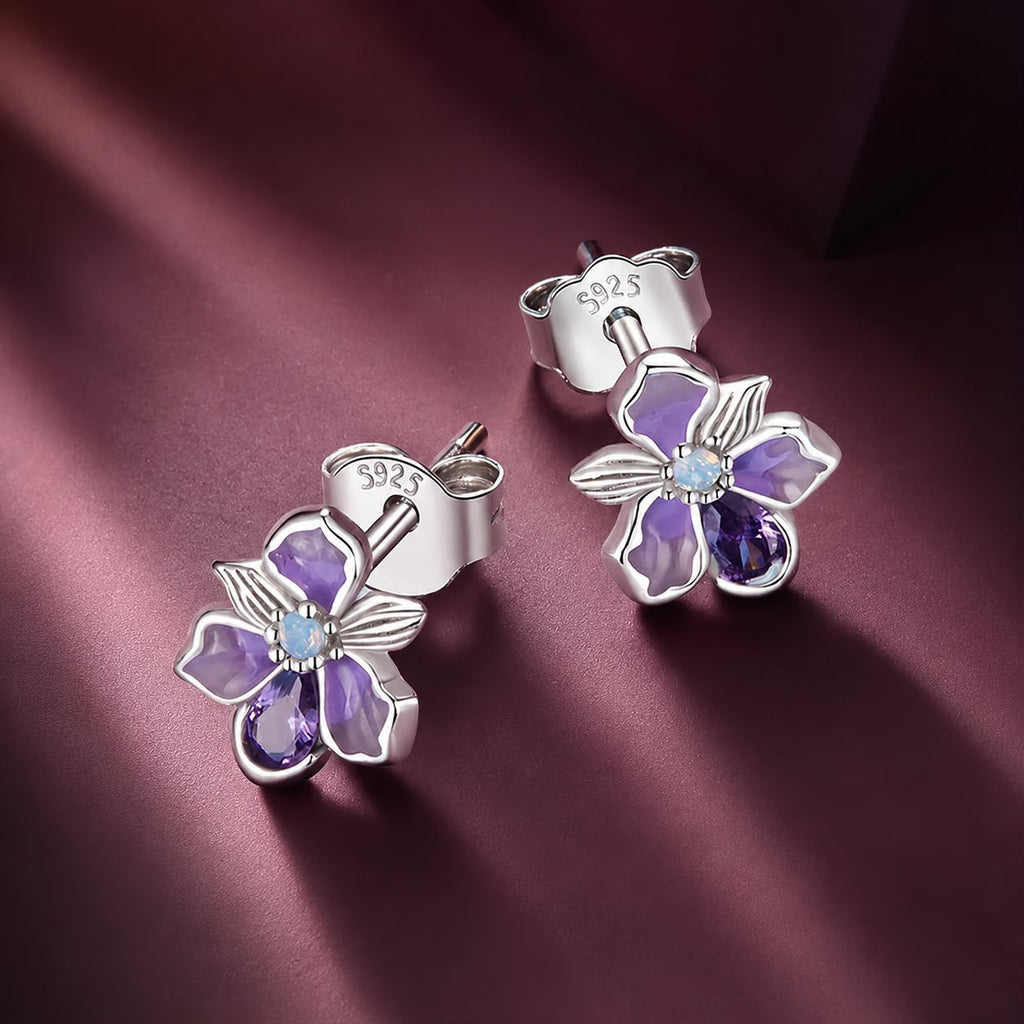 925 Sterling Silver Earrings with Nano Opal Stone and CZ, White Gold Plated, 0.7cm, for Women
