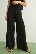 Crinkled Fabric Elastic Waist Pants | Black