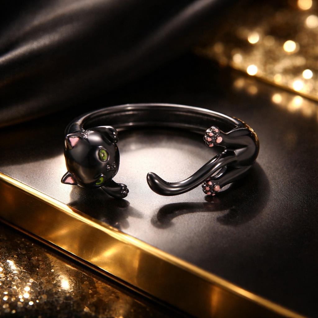 S925 Sterling Silver Plated Black Gold Cat-themed Ring for Women