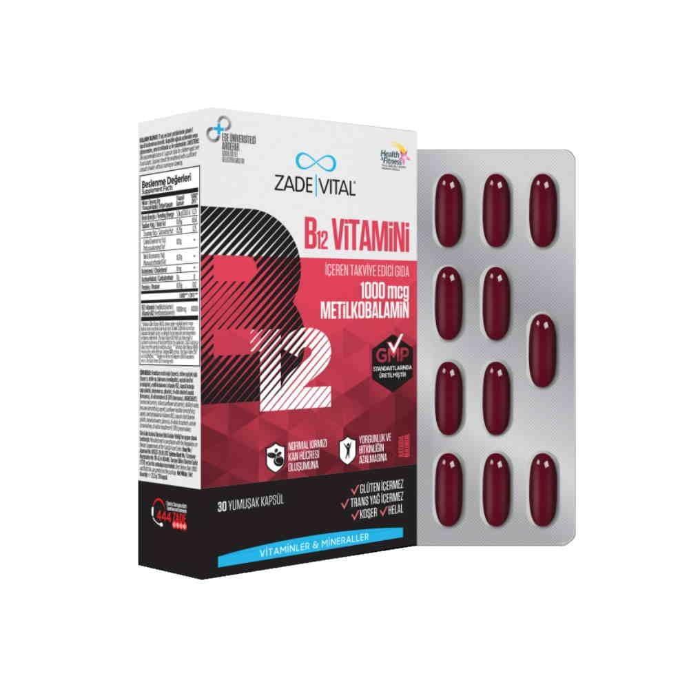 Zade Vital Vitamin B12 Supplement - 30 Capsules, 1000mcg per Capsule, Energy Support for Adults and Children over 11