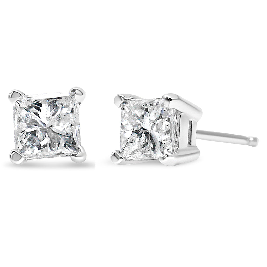 AGS Certified 14K White Gold 1.0 Cttw 4-Prong Set Princess-Cut Solitaire Diamond Push Back Stud Earrings (I-J Color, SI2-I1 Clarity)