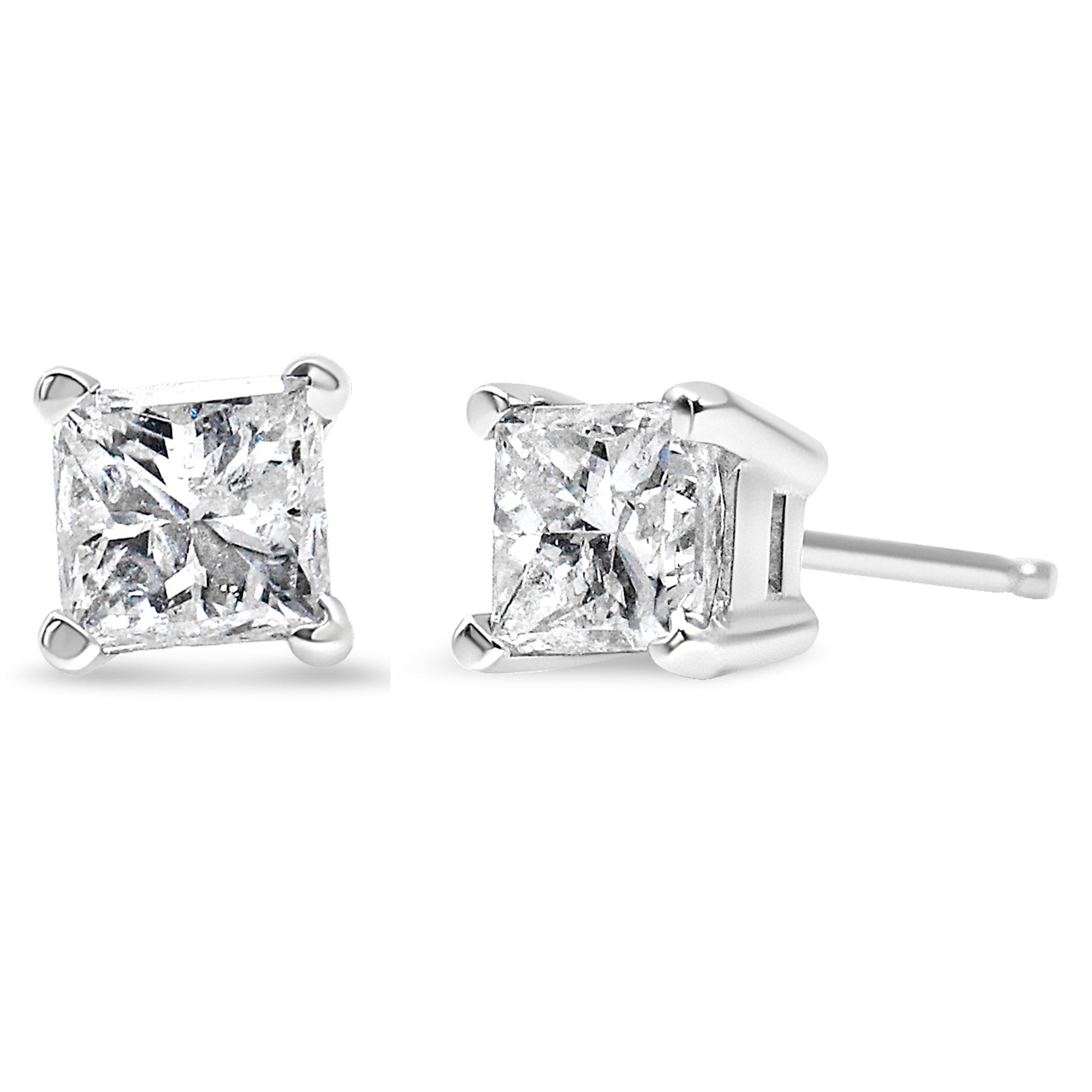 AGS Certified 14K White Gold 1.0 Cttw 4-Prong Set Princess-Cut Solitaire Diamond Push Back Stud Earrings (I-J Color, SI2-I1 Clarity)
