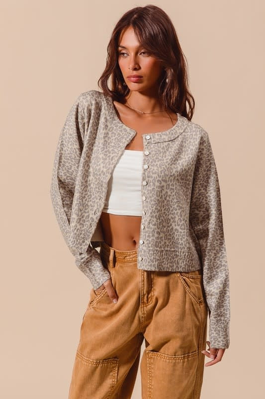 Leopard Print Button Up Cardigan - Vintage Oatmeal