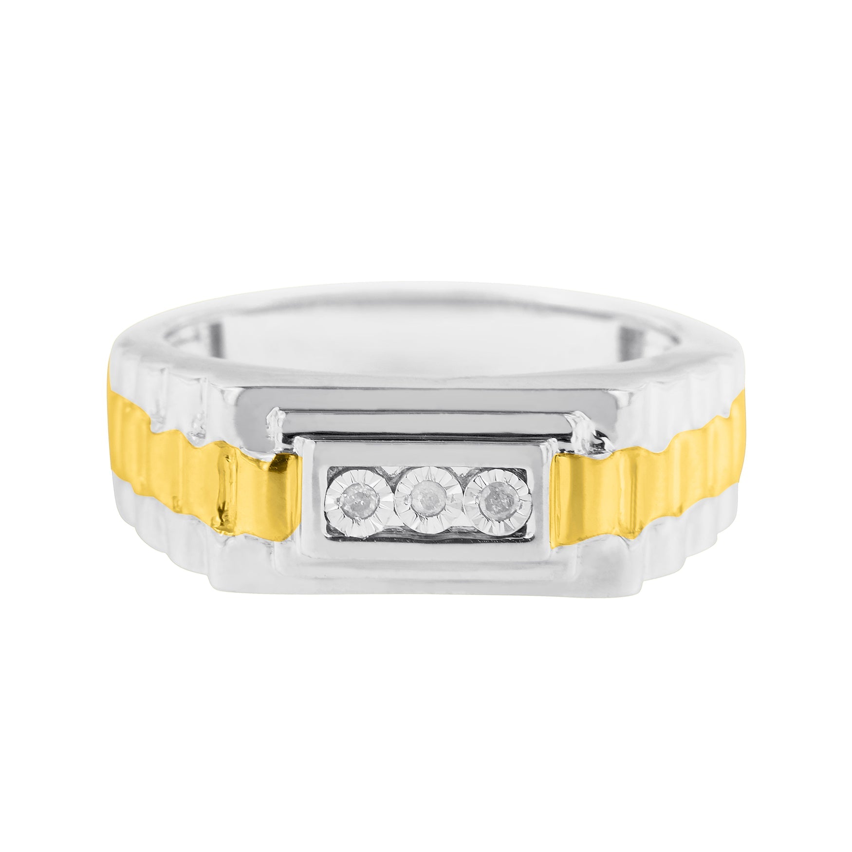 10K Yellow Gold Plated .925 Sterling Silver Diamond Accent Miracle-Set 3 Stone Ridged Band Gentlemen's Fashion Ring (I-J Color, I2-I3 Clarity) - Size 10