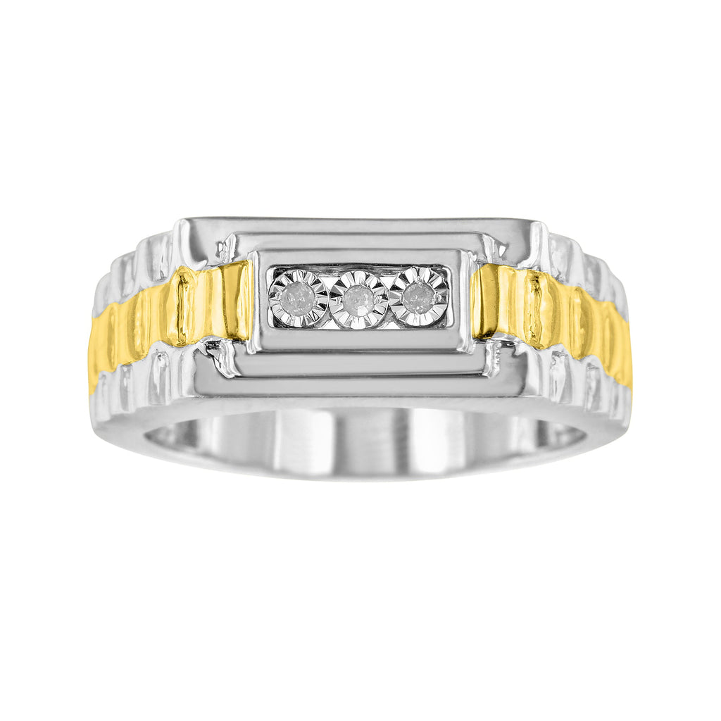 10K Yellow Gold Plated .925 Sterling Silver Diamond Accent Miracle-Set 3 Stone Ridged Band Gentlemen's Fashion Ring (I-J Color, I2-I3 Clarity) - Size 10