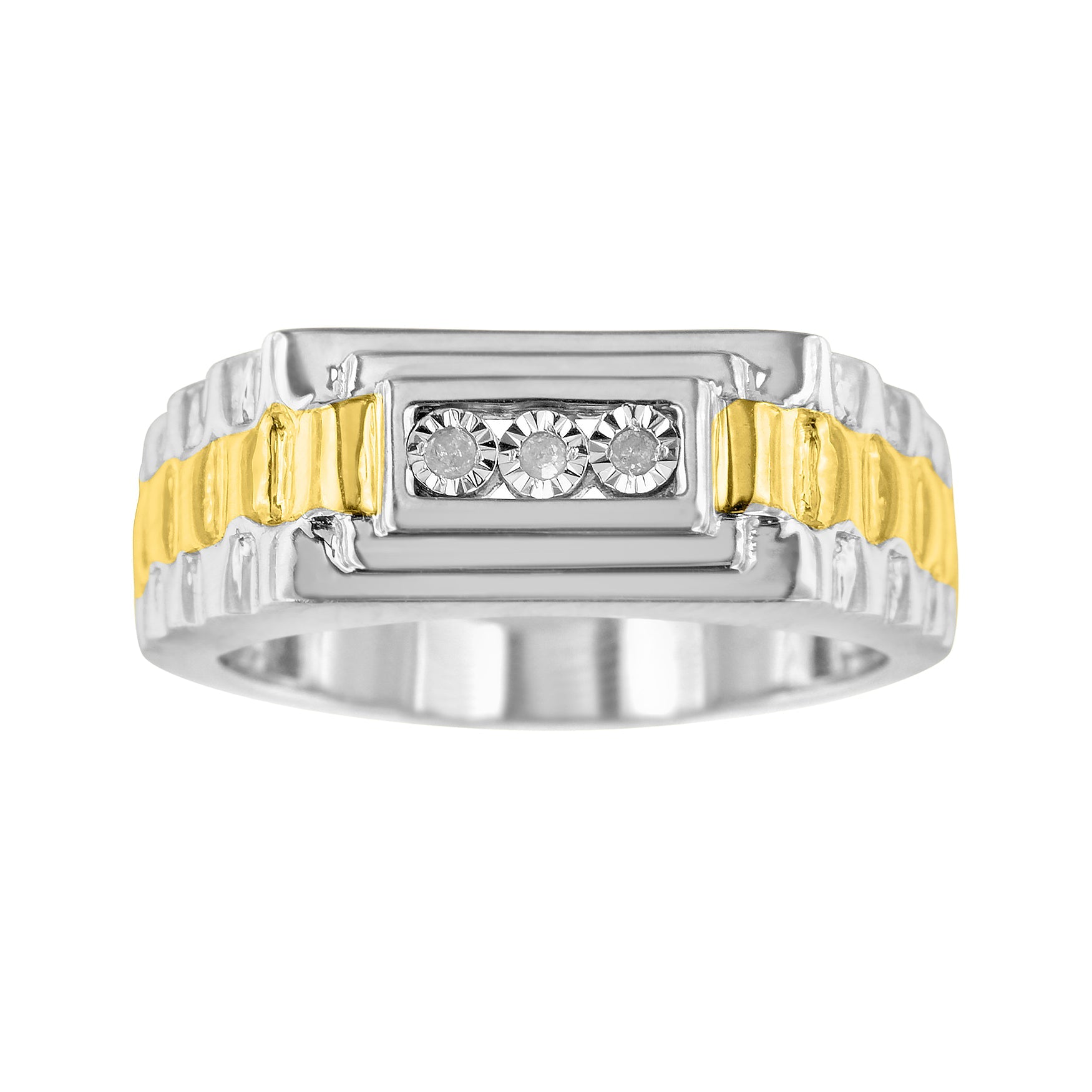 10K Yellow Gold Plated .925 Sterling Silver Diamond Accent Miracle-Set 3 Stone Ridged Band Gentlemen's Fashion Ring (I-J Color, I2-I3 Clarity) - Size 10