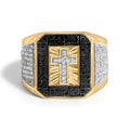 Men's 10K Yellow Gold 1 1/2 Cttw White and Black Diamond Cross Signet Ring