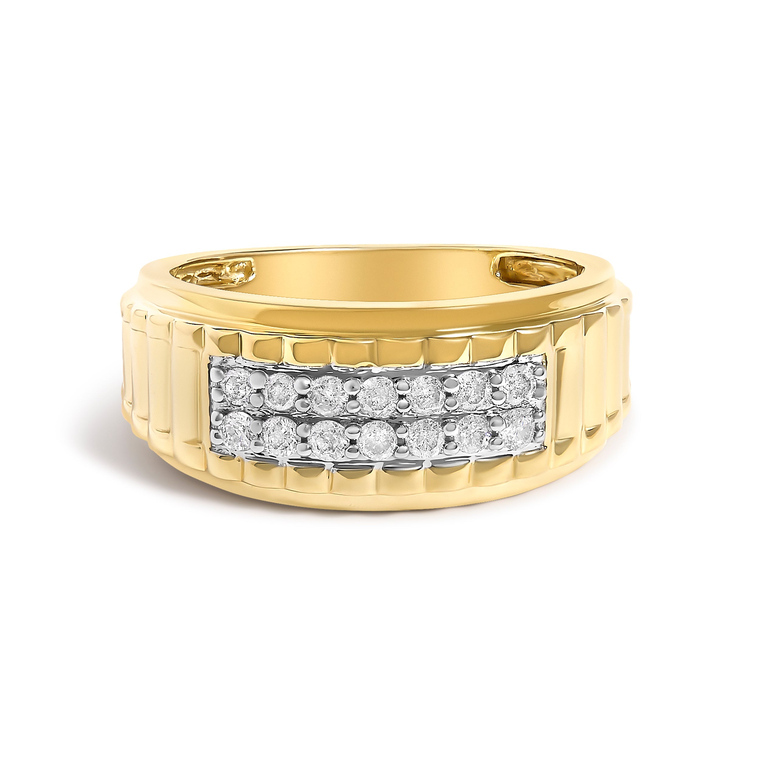 Men's 14K Yellow Gold Plated Sterling Silver 3/8 Cttw Diamond Ribbed Band Ring