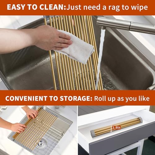 Golden Roll-UP Dish Drying Rack-Large Stainless Steel Dish Drainer Over The Sink