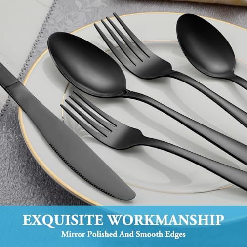 60 Pcs Black Silverware Set, Stainless Steel Flatware Set Service