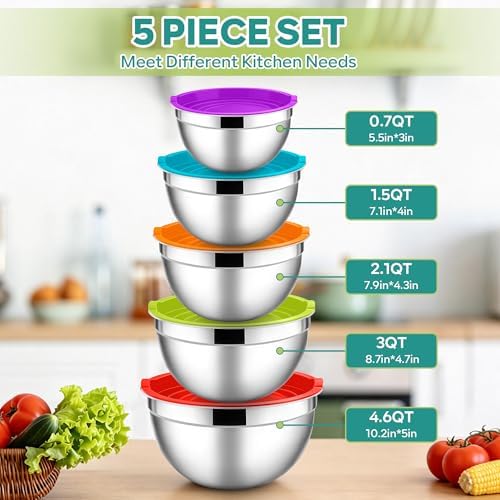 E-far Mixing Bowls with Lids Set, Stainless Steel Salad Bowls