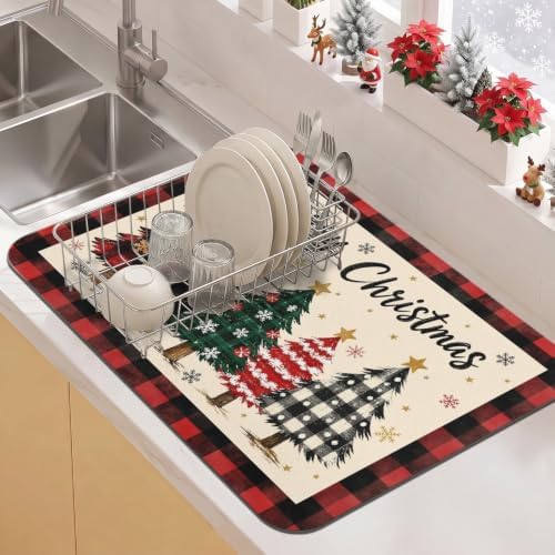 Christmas Dish Drying Mat Kitchen Countertop, Super Absorbent Coffee Bar Mat