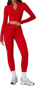 QINSEN Workout Sets for Women 2 Piece Seamless Long Sleeve Crop Tops Ribbed High Waist Leggings