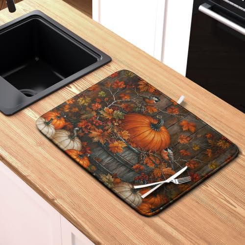 Fall Dish Drying Mat for Kitchen Counter 18x24 Autumn Pumpkin Maple Leaves