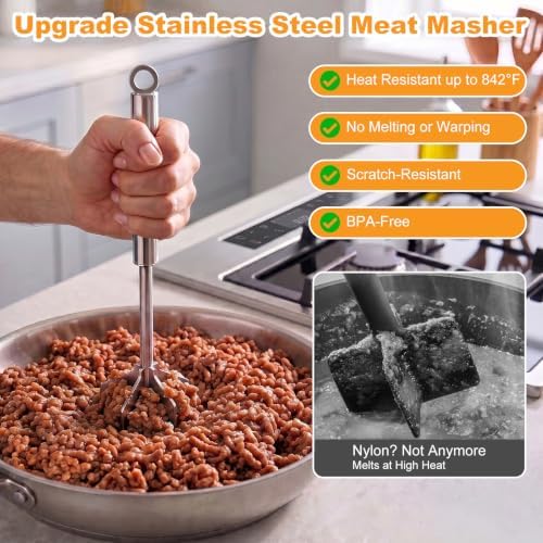 Stainless Steel Meat Masher, 6-Blade Ground Beef Chopper Tool, Heavy Duty