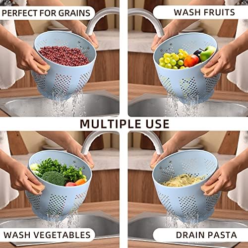 Metal Colander with Wood Handle and Stable Base, Powder Coated Steel Kitchen