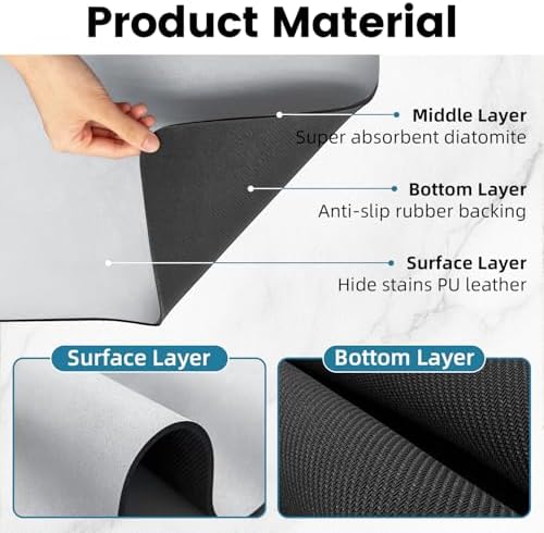 PoYang 31.5x17 Inch Coffee Mat, Extra Large Dish Drying Mat, Light Gray