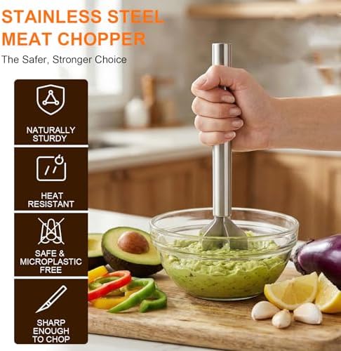 Meat Masher, Stainless Steel 6 Blade Ground Beef Chopper Tool