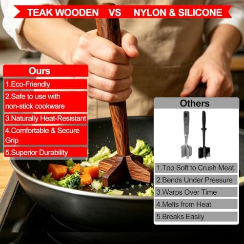 Wooden Meat Chopper for Ground Beef, Heat Resistant Hamburger Chopper,