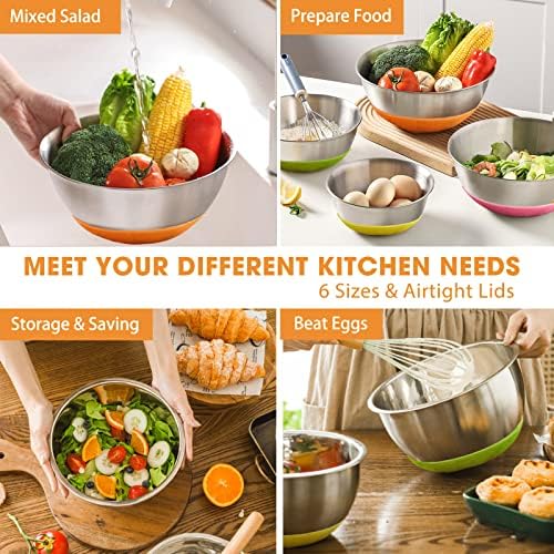 Umite Chef Mixing Bowls with Airtight Lids, 6 Piece Stainless Steel Metal Bowls