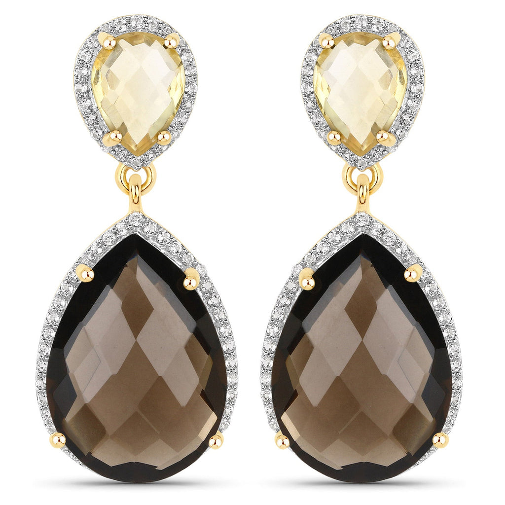 21.12 Carat Genuine Smoky Quartz, Citrine and White Topaz .925 Sterling Silver Earrings