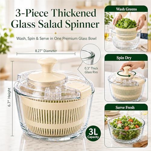 Glass Salad Spinner 3.2 Qt, Small Salad Spinner, Glass Bowl
