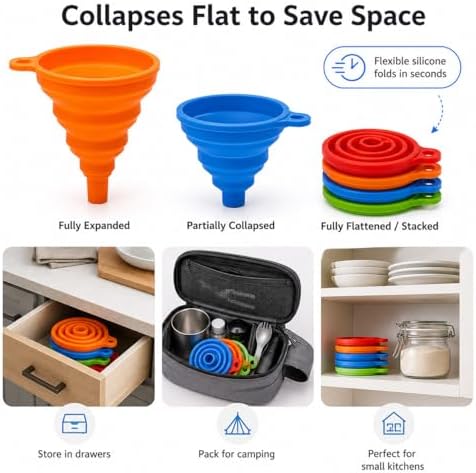 Collapsible Silicone Kitchen Funnels, 4 Pack Food Grade Foldable Funnel Set