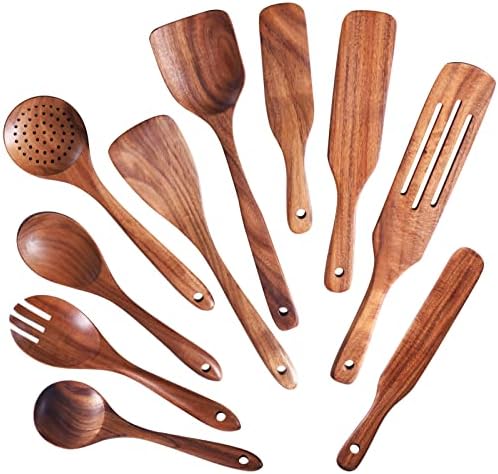 Wooden Spoons for Cooking, GUDAMAYE 10 PCS Wooden Kitchen Utensils Set