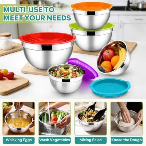 E-far Mixing Bowls with Lids Set, Stainless Steel Salad Bowls
