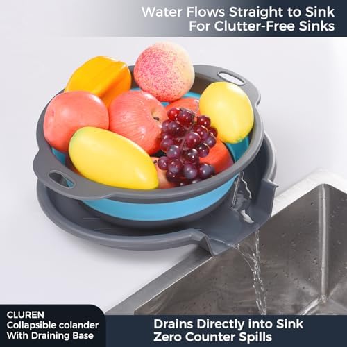 Collapsible Colander Set with Oversized Draining Tray | 3-Pack Foldable Kitchen