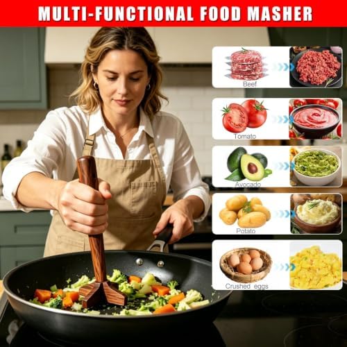 Wooden Meat Chopper for Ground Beef, Heat Resistant Hamburger Chopper,