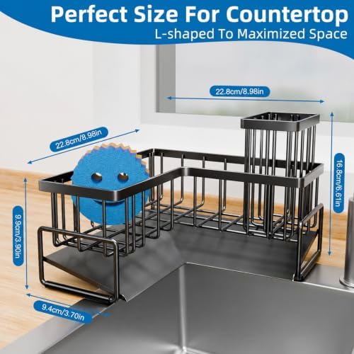 Sink Caddy with Drain, L-Shaped Sponge Holder