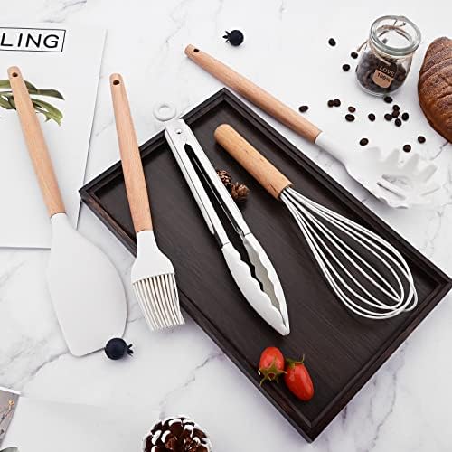 1pc White Silicone Tong with Wooden Handle, Heat Resistant Cooking Utensils