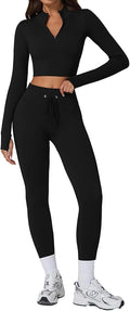 QINSEN Workout Sets for Women 2 Piece Seamless Long Sleeve Crop Tops Ribbed High Waist Leggings