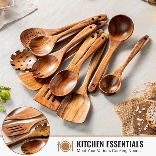 Terlulu 10 Pcs Wooden Spoons for Cooking, Natural Teak Wooden Kitchen Utensils