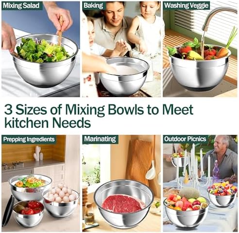 Mixing Bowls with Airtight Lids, Stainless Steel Mixing Bowl Set with 3 Nesting