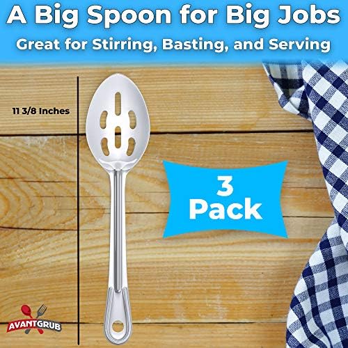 Super Strong, Ergonomic 11 in Serving Spoon 3 Pk. Big, Slotted Stainless Steel
