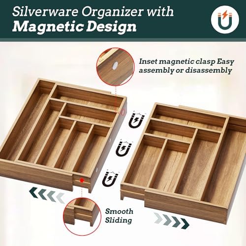 Silverware Organizer Large, Magnetic Connected Expandable 13 Slots Silverware