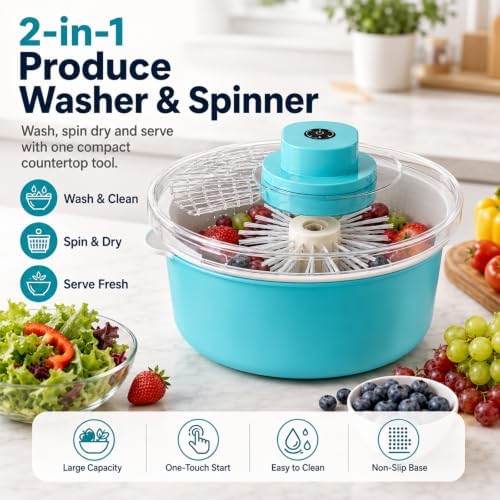 Electric Salad Spinner and Produce Washer, Upgrade Fruit Washer Spinner Bowl