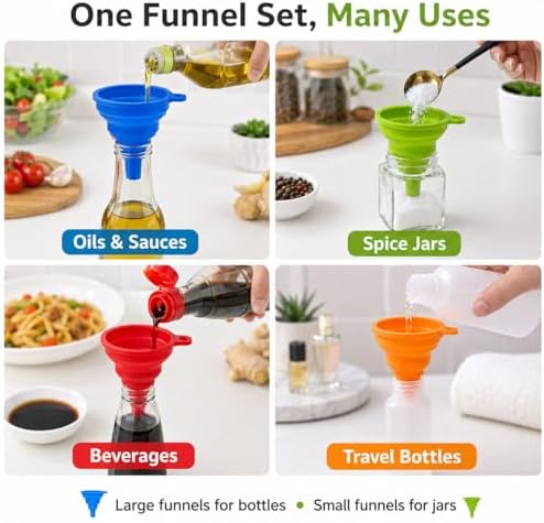 Collapsible Silicone Kitchen Funnels, 4 Pack Food Grade Foldable Funnel Set