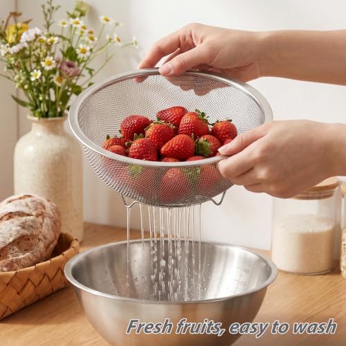 2 Pcs Stainless Steel Kitchen Colander Set Rice Washer Strainer Mixing Bowl