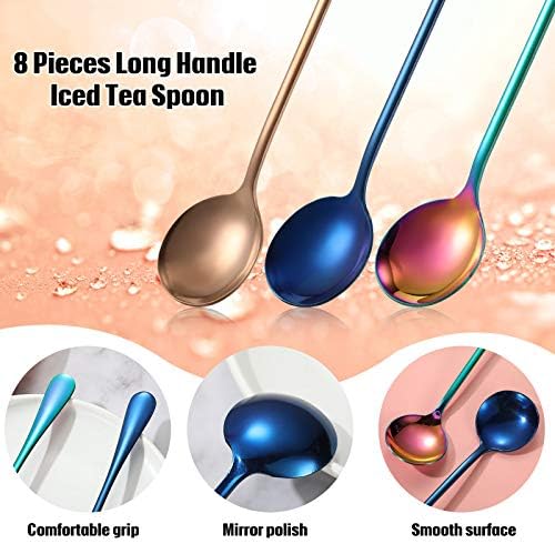 8 Pcs Long Handle Tea Spoon, Stainless Steel Mixing Spoon, Round Style