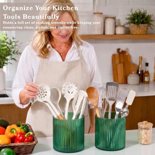 Green Utensil Holder, 6.3" Glass Kitchen Utensil Holder