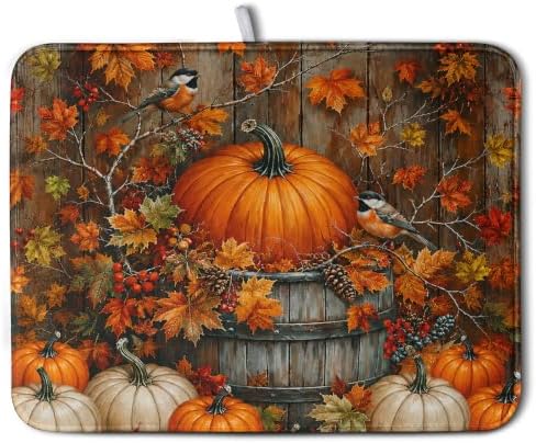 Fall Dish Drying Mat for Kitchen Counter 18x24 Autumn Pumpkin Maple Leaves