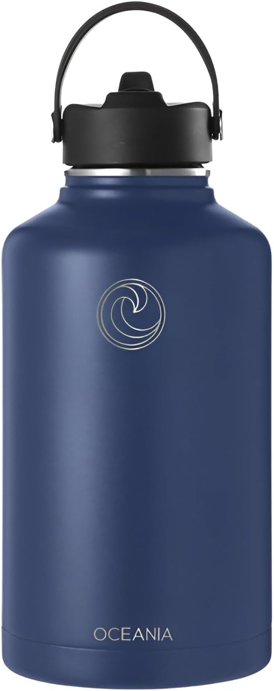Oceania Flask 64oz Stainless Steel Water Bottles | Modern, Leakproof, Hydro BPA-Free, Insulated Water Bottle with 3 Lids, 3 Straws & 2 Straw Cleaning Brushes | Simple Camping & Hiking Water Bottles