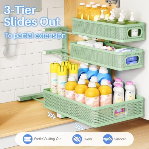 Under Sink Organizer, 3-Tier Thickened Metal Pull out Cabinet Organizer Shelf