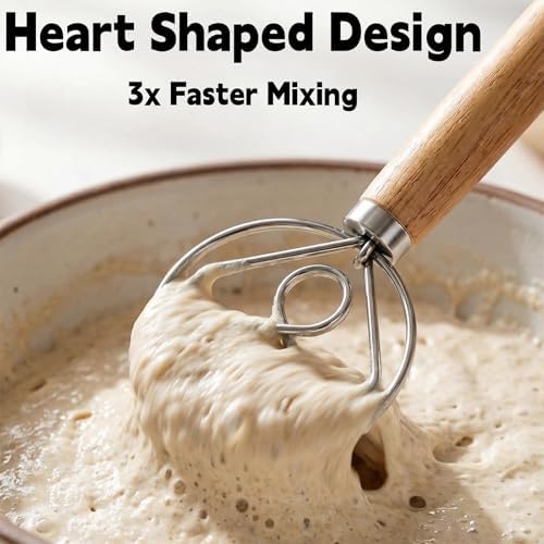 TEEVEA Danish Dough Whisk Wooden Handle Stainless Steel