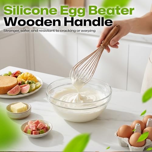 AIUHI Silicone Whisk with Wood Handle, 11.2" Balloon Egg Beater, Lightweight